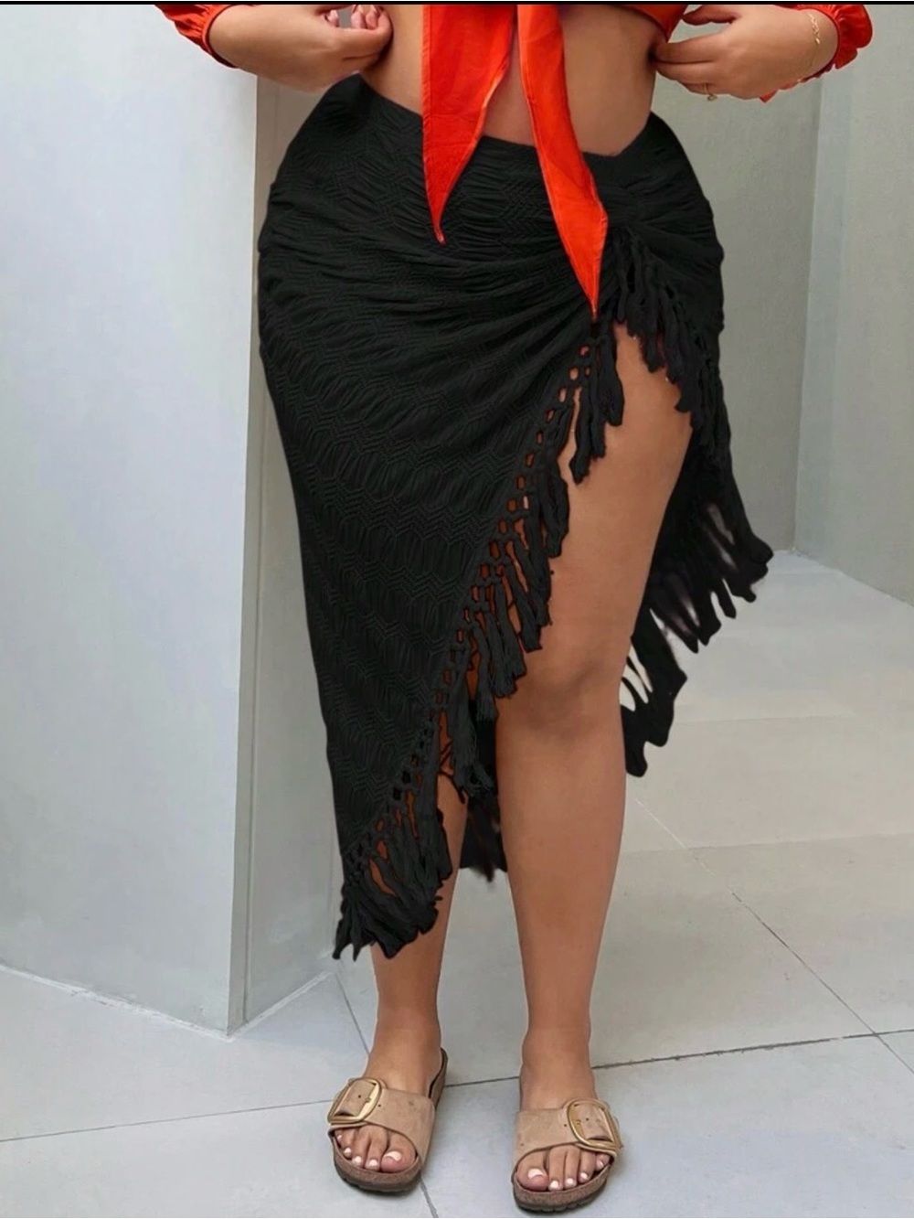 SHEIN Black Fringe Asymmetric Swim Sarong Cover-Up